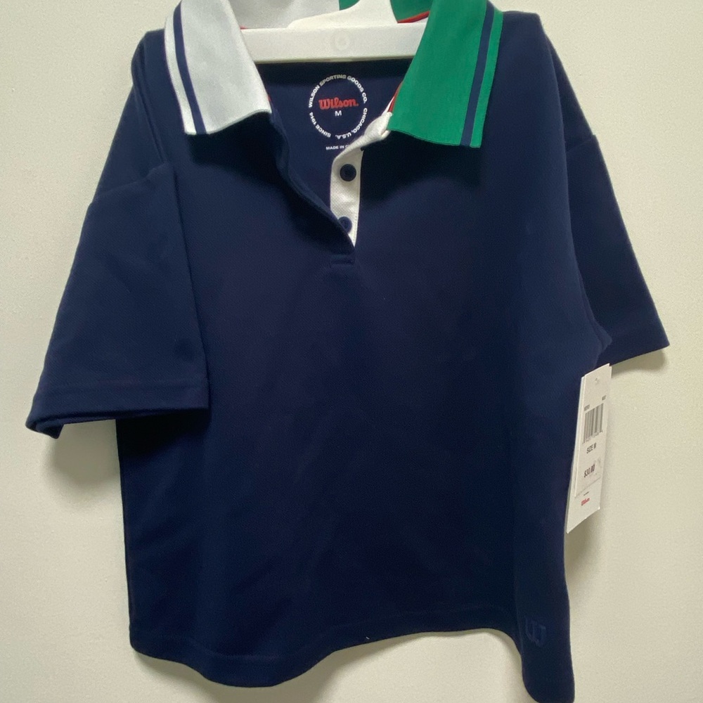 Wilson,M,Kids Navy Polo Shirt,white& green collar, 3 buttons, PTP 16”,length 17”
